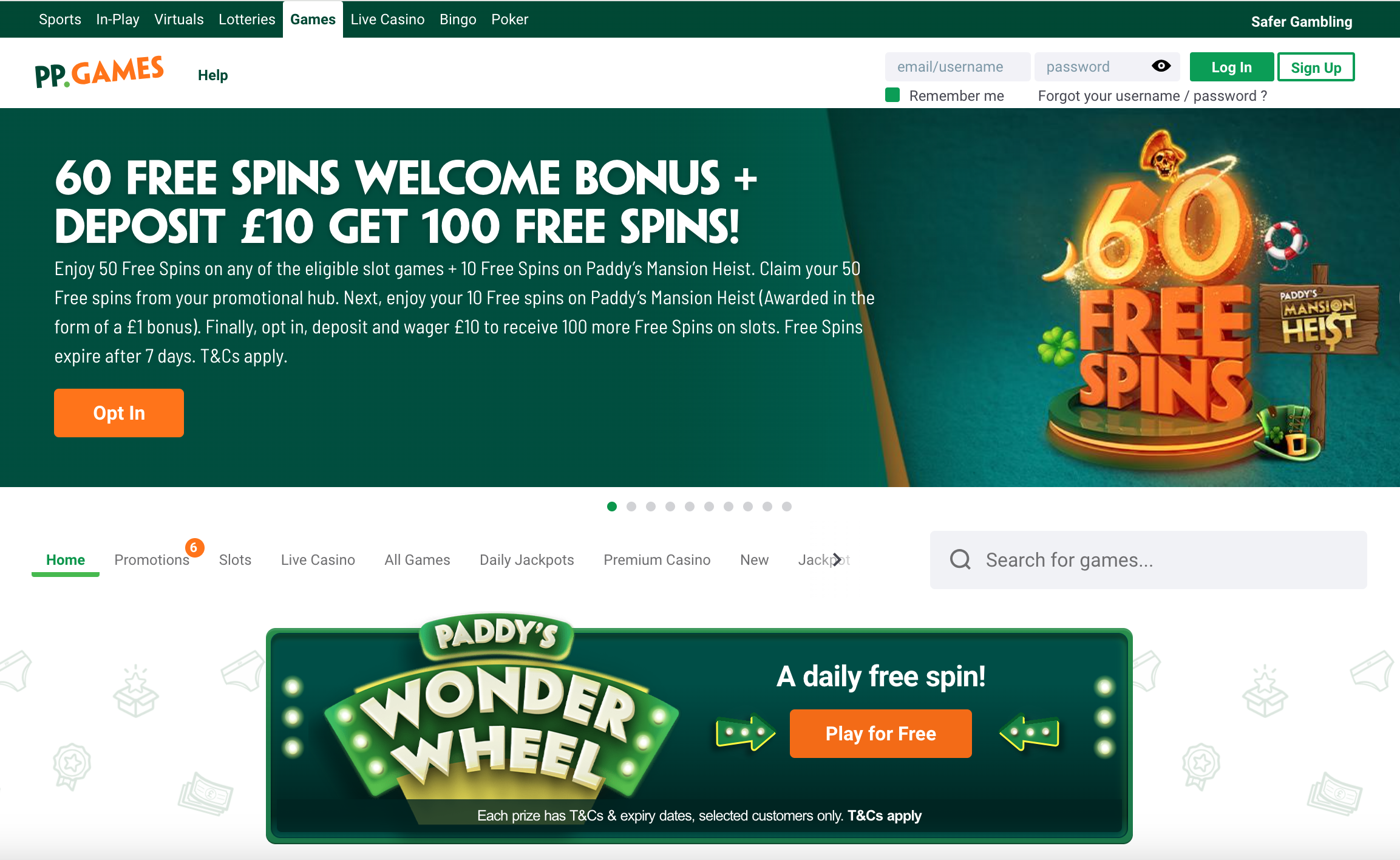 Paddy Power's games homepage, with promotions shown prominently so that you must scroll down to view available slots games